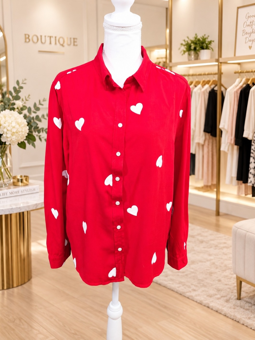 Jane + Delancey Red White Heart Print Button Down Shirt Size L Valentine - Picture 3 of 7